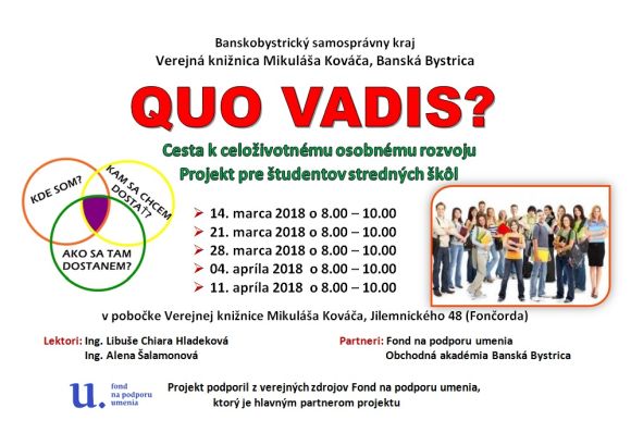 Verejná knižnica Mikuláša Kováča v Banskej Bystrici v mesiacoch marec – apríl 2018 realizuje projekt Quo vadis ? pre študentov stredných škôl 