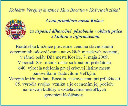 Cena primátora mesta Košice Verejnej knižnici Jána Bocatia