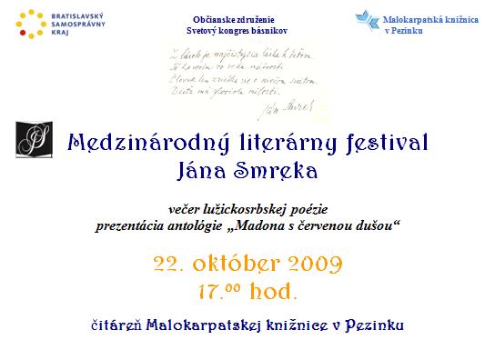 Pozvánka do Malokarpatskej knižnice v Pezinku na Medzinárodný literárny festival Jána Smreka, 22. 10. 2009 o 17.00 hod.