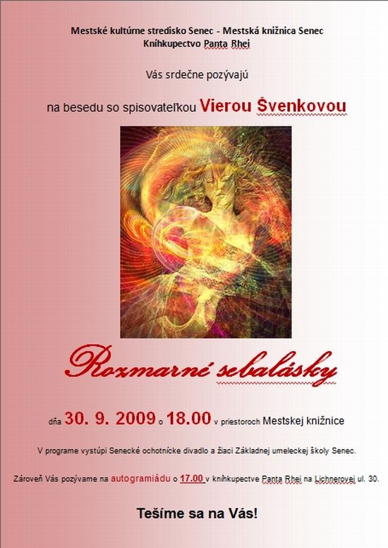 Pozvánka do Mestskej knižnice Senec na besedu soo spisovateľkou Vierou Švenkovou, 30. 9. 2009 o 18.00 hod.