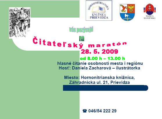 Pozvánka do Hornonitrianskej knižnice v Prievidzi na čitateľský maratón, 28. 5. 2009 od 8.00 do 13.00 hod.