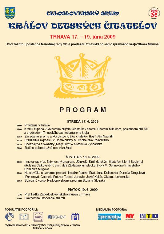 Pozvánka na celoslovenský snem Kráľov detských čitateľov do Trnavy, 17. - 19. 6. 2009