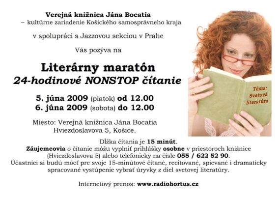 Pozvánka do Verejnej knižnice Jána Bocatia na Literárny maratón, od 5. 6. od 12.00 do 6. 6. do 12.00 hod.