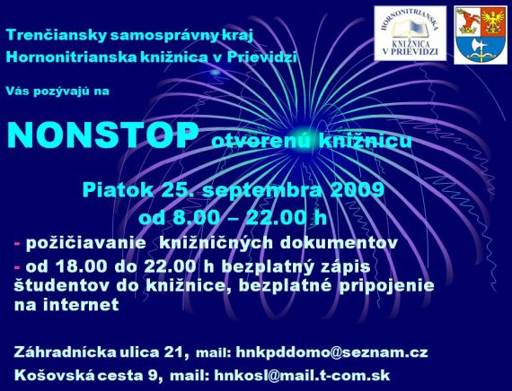 Pozvánka do nonstop otvorenej Hornonitrianskej knižnice v Prievidzi, 25. 9. 2009 od 8.00 do 22.00 hod.