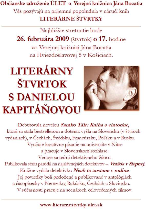 Pozvánka do Verejnej knižnice Jána Bocatia na besedu so spisovateľkou Danielou Kapitáňovou, 20. 2. 2009 o 17.00 hod.