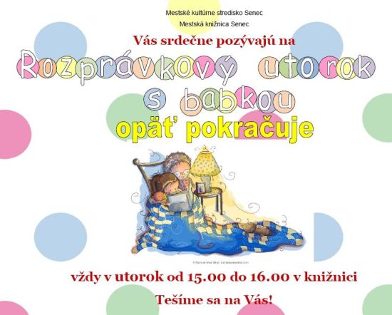 Pozvánka do Mestskej knižnice Senec pre deti na Rozprávkový utorok s babkou, vždy utorok od 15.00 do 16.00 hod.