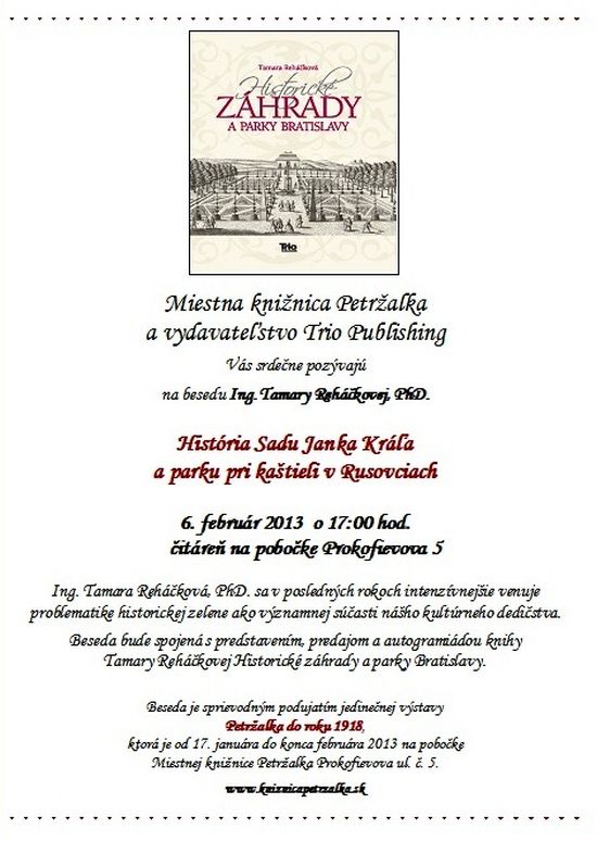 Pozvánka do Miestnej knižnice Petržalka na besedu, 6. 2. 2013 o 17.00 hod.