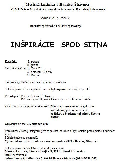 15. ročník literárnej súťaže Inšpirácie spod Sitna, uzávierka súťaže: 20. 10. 2009