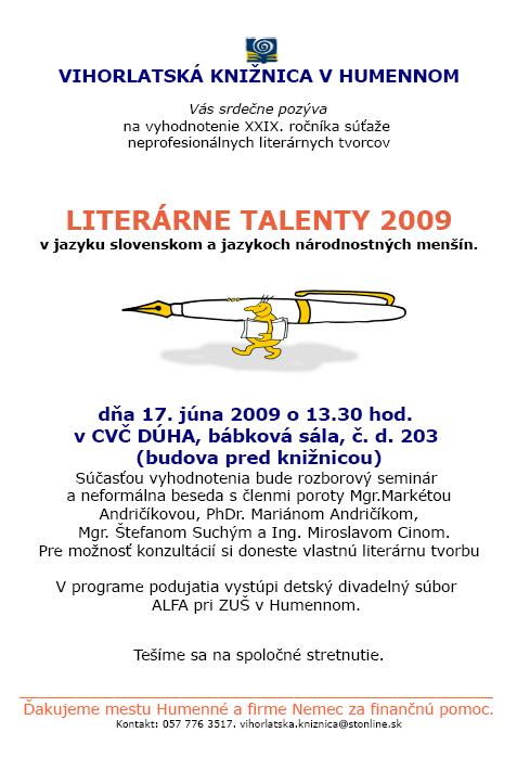 Pozvánka do Vihorlatskej knižnice v Humennom na vyhodnotenie súťaže Literárne talenty 2009, 17. 6. 2009 o 13.30 hod.
