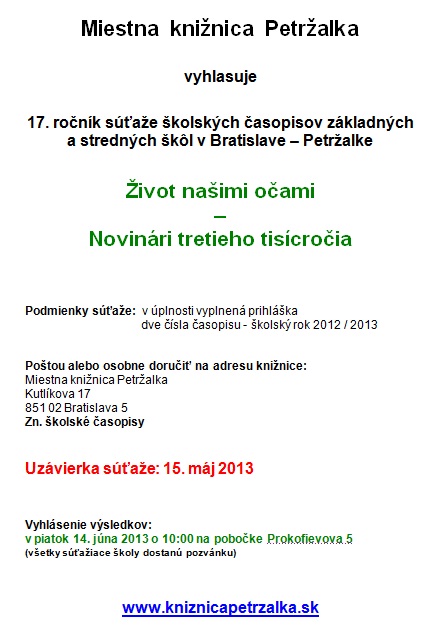 17. ročník súťaže školských časopisov, uzávierka: 15. máj 2013