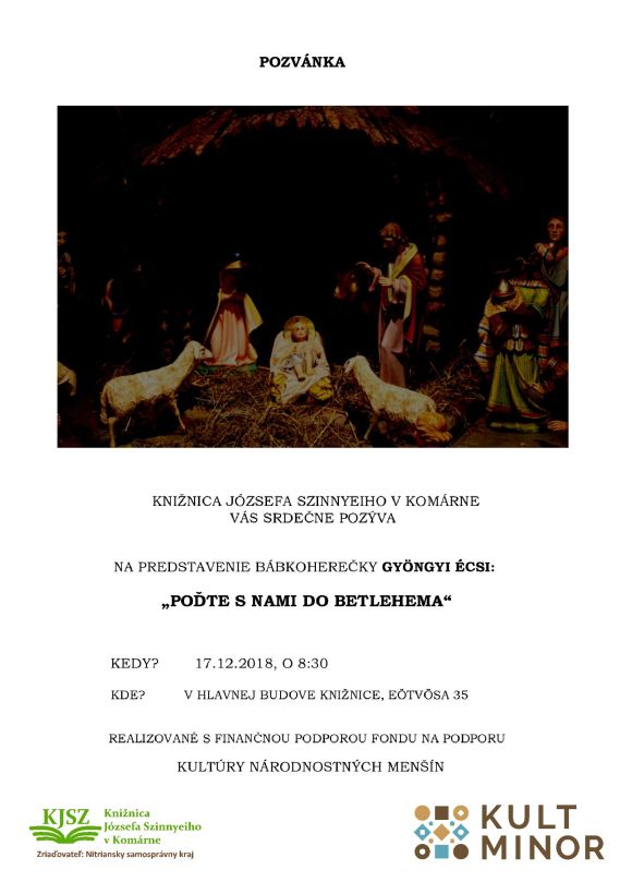 Pozvánka na predstavenie bábkoherečky, 17. 12. 2018 v Knižnici Józsefa Szinnyeiho v Komárne