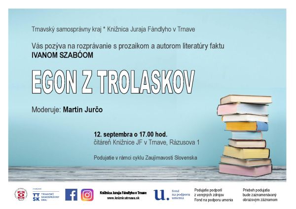 Pozývame vás na stretnutie so známym novinárom a publicistom Ivanom Szaboóm, ktoré sa bude konať 12. 9. 2019 o 17.00 hod. v čitárni Knižnice Juraja Fándlyho v Trnave