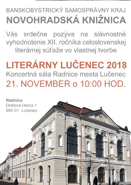 vyhodnotenie XII. ročníka literárnej súťaže, 21. 11. 2018, Koncertná sála Radnice mesta Lučenec