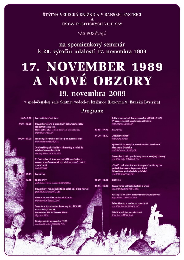 pozvanka na spomienkovy seminar k 20. vyrociu udalosti 17. novembra 1989