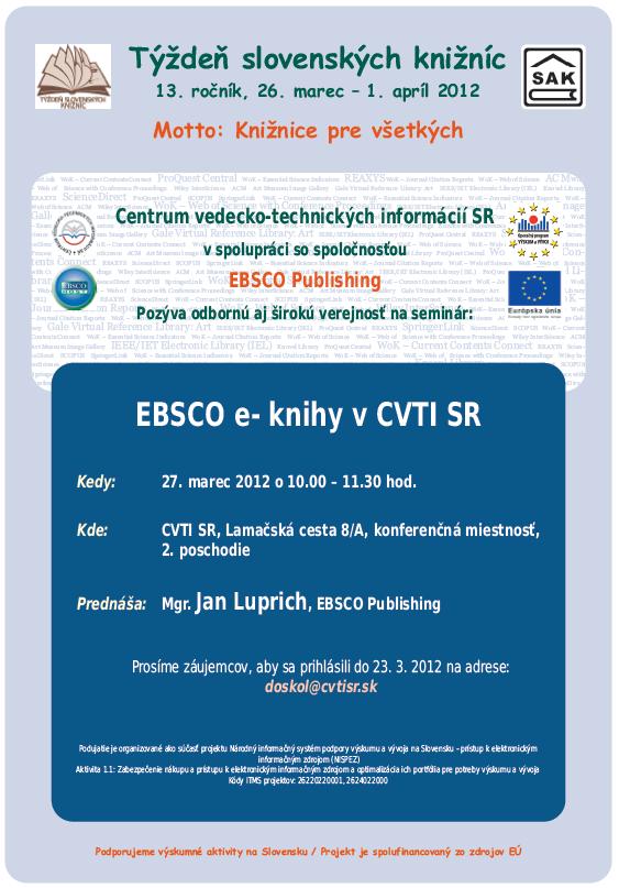 Pozvánka do Centra vedecko-technických informácií SR na seminár EBSCO e-knihy, 27. 3. 2012 o 10.00 hod.