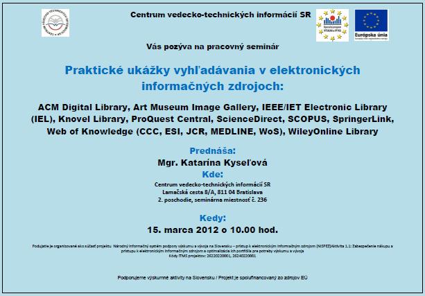 Pozvánka do Centra VTI SR na pracovný seminár, 15. 5. 2012 o 10.00 hod.