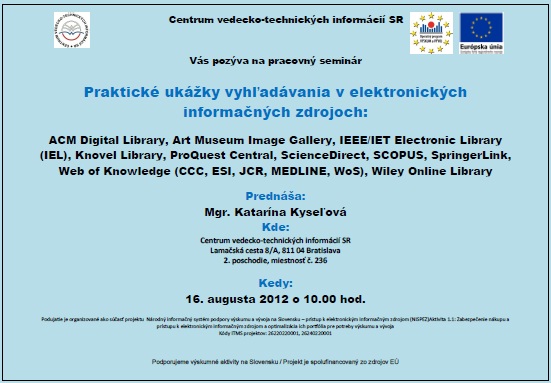 Pozvánka do Centra VTI SR na pracovný seminár, 16. 8. 2012 o 10.00 hod.