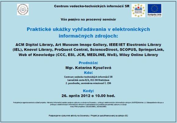 Pozvánka do Centra VTI na pracovný seminár, 26. 4. 2012 o 10.00 hod.