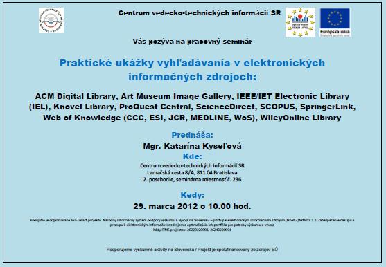 Pozvánka do Centra VTI SR na pracovný seminár, 29. 3. 2012 o 10.00 hod.