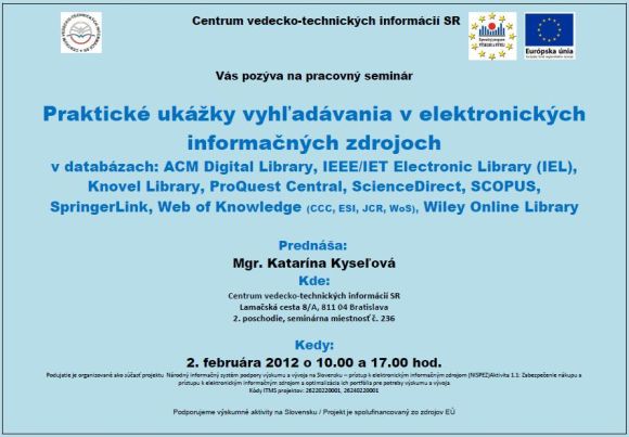 Pozvánka do Centra VTI SR na pracovný seminár, 2. 2. 2012 o 10.00 a 17.00 hod.