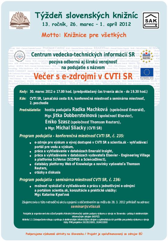 Pozvánka do Centra vedecko-technických informácií na seminár s praktickými ukážkami a s občerstvením, 30. 3. 2012 o 17.00 hod. Prihlásenie: do 28. 3. 2012.