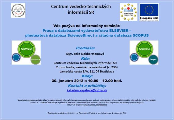 Pozvánka do Centra VTI SR na informačný seminár, 30. 1. 2012 o 10.00 a 12.00 hod. 
