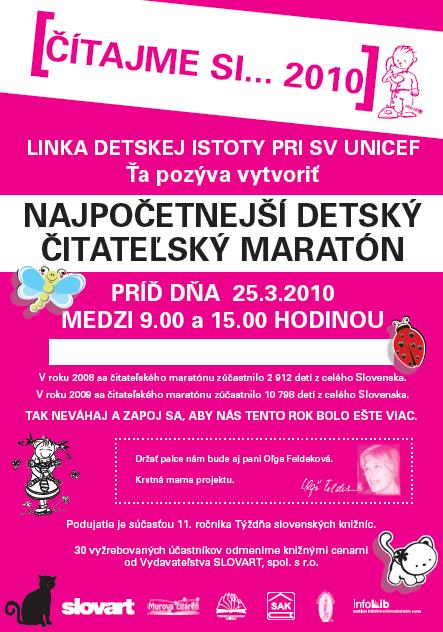 Najpočetnejší detský čitateľský maratón v spolupráci s UNICEF, 25. 3. 2010 od 9.00 do 15.00 hod.