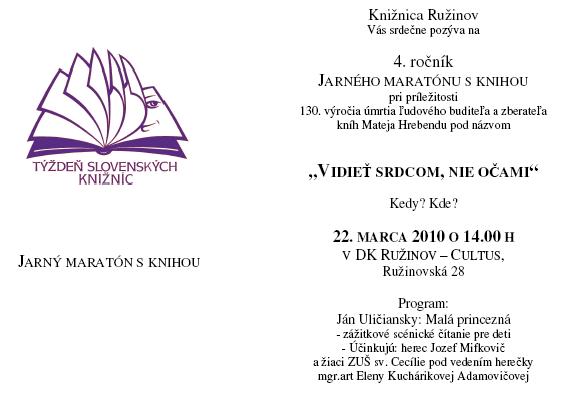 Jarný maratón bratislavských knižníc začína 22. 3. 2010 v Knižnici Ružinov o 14.00 hod.