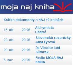 Dnes večer odvysiela STV 2 o 20.05 hod. prvé dva dokumenty z desiatich o naj knihách, ktoré postúpili do finále v projekte Moja naj kniha. Ďalší program nájdete v aktualite.