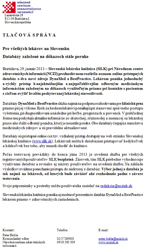 Pre všetkých lekárov na Slovensku, databázy založené na dôkazoch