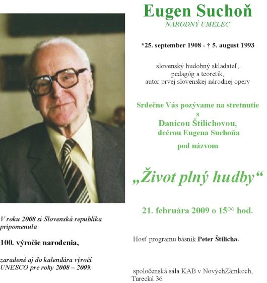 Pozvánka do Knižnice Antona Bernoláka v Nových Zámkoch na stretnutie s dcérou Eugena Suchoňa, 21. 2. 2009 o 15.00 hod. 