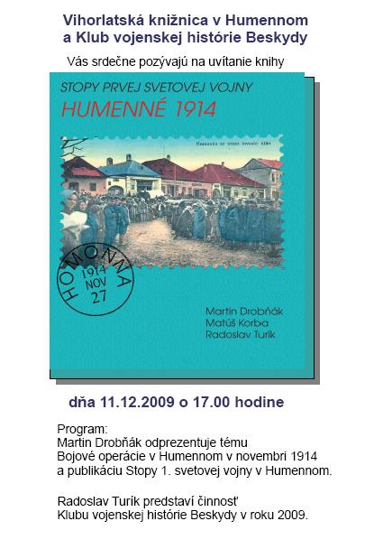 Pozvánka do Vihorlatskej knižnice v Humennom na uvítanie knihy, 11. 12. 2009 o 17.00 hod.