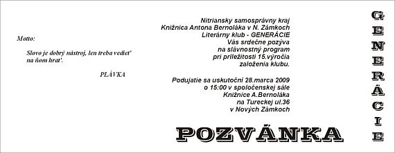 Pozvánka do Knižnice Antona Bernoláka v Nových Zámkoch na stretnutie pri príležitosti 15. výročia založenia literárneho klubu Generácie, 28. 3. 