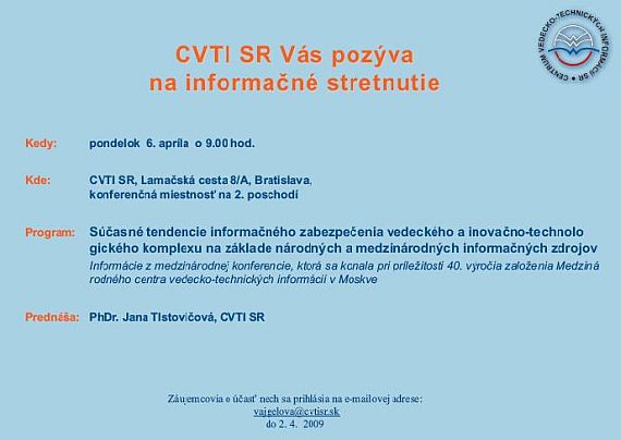 Pozvánka do Centra vedecko-technických informácií SR na seminár, 6. 4. 2009