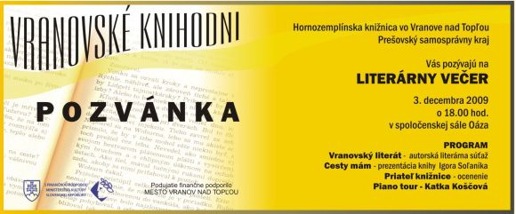 Pozvánka do Hornozemplínskej knižnice vo Vranove nad Topľou na literárny večer, 3. 12. 2009 o 18.00 hod.