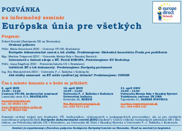 Pozvánka na informačný seminár Európska únia pre všetkých