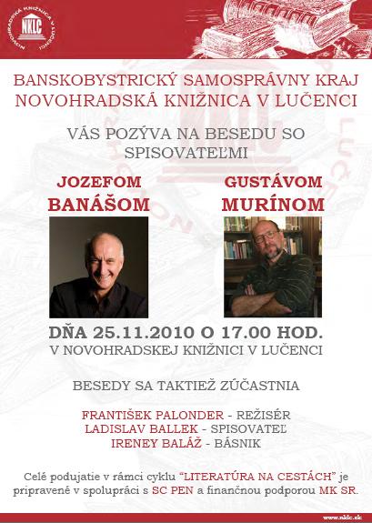 Pozvánka do Novohradskej knižnice v Lučenci na besedu so spisovateľmi Jozefom Banášom a Gustávom Murínom , 25. 11. 2010 o 17.00 hod.