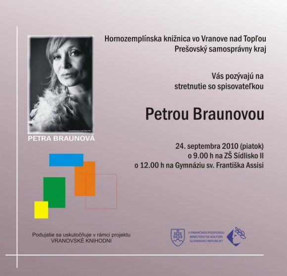 Pozvánka do Hornozemplínskej  knižnice vo Vranove nad Topľou na besedu so spisovateľkou, 24. 9. 2010 o 9.00 hod.