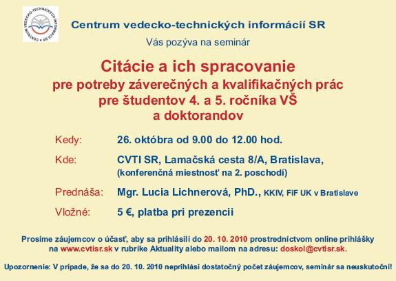 Pozvánka do Centra vedecko-technických informácií SR na seminár, 26. 10. 2010 o 9.00 hod.