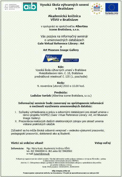 Gale Virtual Reference Library, pozvánka na informačný seminár, 9. 11. 2010 o 10.00 hod.