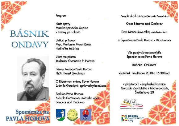 Pozvánka do Zemplínskej knižnice Gorazda Zvonického na program venovaný Pavlovi Horovi, 14. 10. 2010 o 16.30 hod.