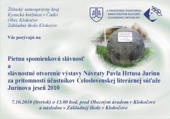 Pozvánka na pietnu spomienkovú slávnosť v Klokočove, 7. 10. 2010 o 13.00 hod.