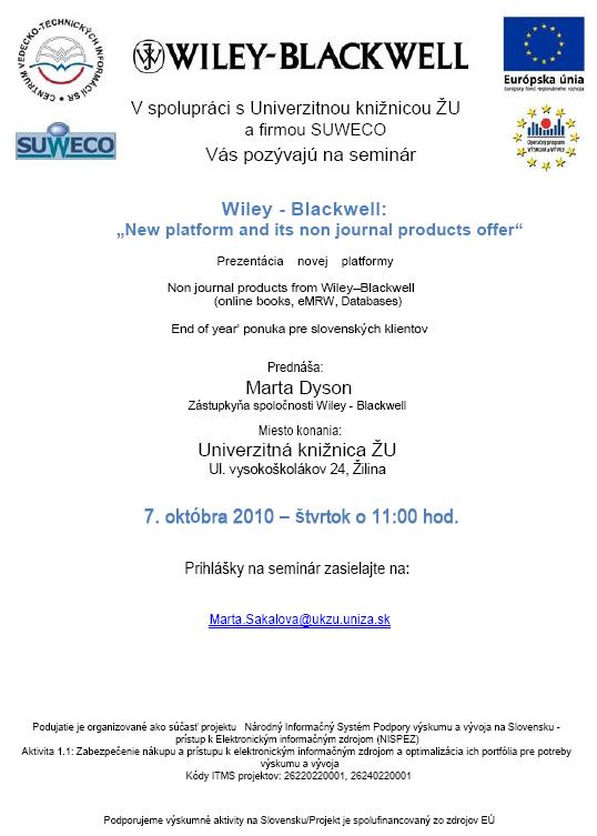 Pozvánka do Univerzitnej knižnice Žilinskej univerzity na seminár, 7. 10. 2010 o 11.00 hod.