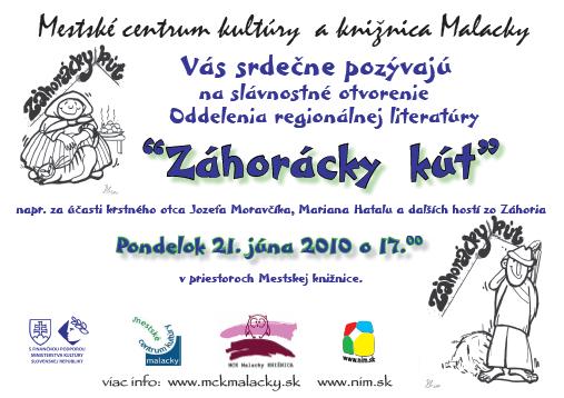 Pozvánka do Mestského centra kultúry a knižnice Malacky na otvorenie nového oddelenia, 21. 6. 2010 o 17.00 hod.