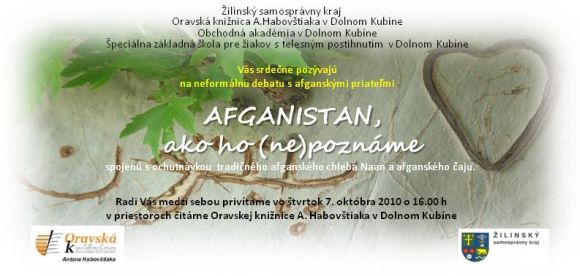 Pozvánka do Oravskej knižnice Antona _Habovštiaka na debatu s afganskými priateľmi, 7. 10. 2010 o 16.00 hod.