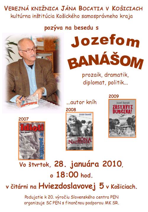 Pozvánka do Verejnej knižnice Jána Bocatia v Košiciach na besedu s Jozefom Banášom, 28. 1. 2010 o 18.00 hod.