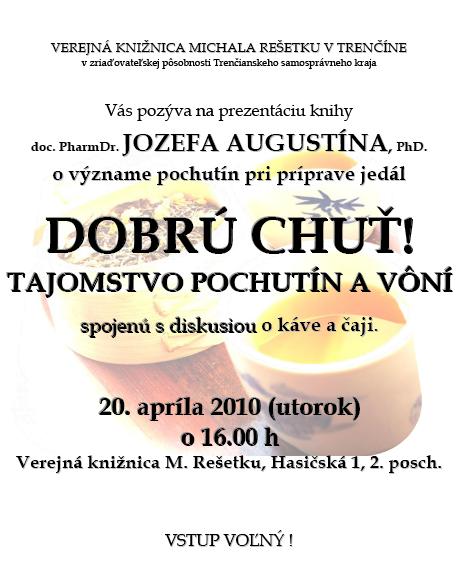 Pozvánka do Verejnej knižnice Michala Rešetku na prezentáciu knihy o význame pochutín pri príprave jedál, 20. 4. 2010 o 16.00 hod.
