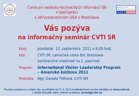 Pozvánka do Centra vedecko-technických informácií SR na informačný seminár, 12. 9. 2011 o 9.00 hod.