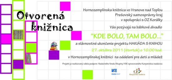 Pozvánka do Hornozemplínskej knižnice vo Vranove nad Topľou na bábkové divadlo, 27. 11. 2011 o 10.00 hod.