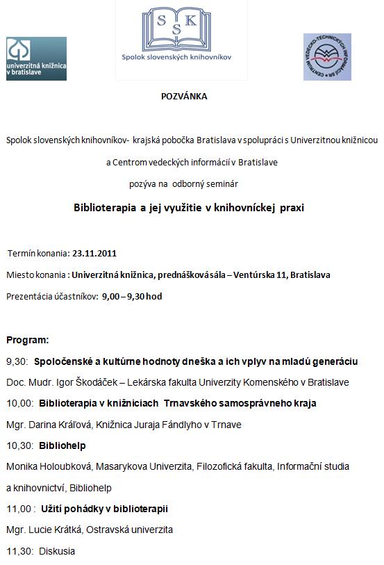 Pozvánka do Univerzitnej knižnice v Bratislave na odborný seminár, 23. 11. 2011.